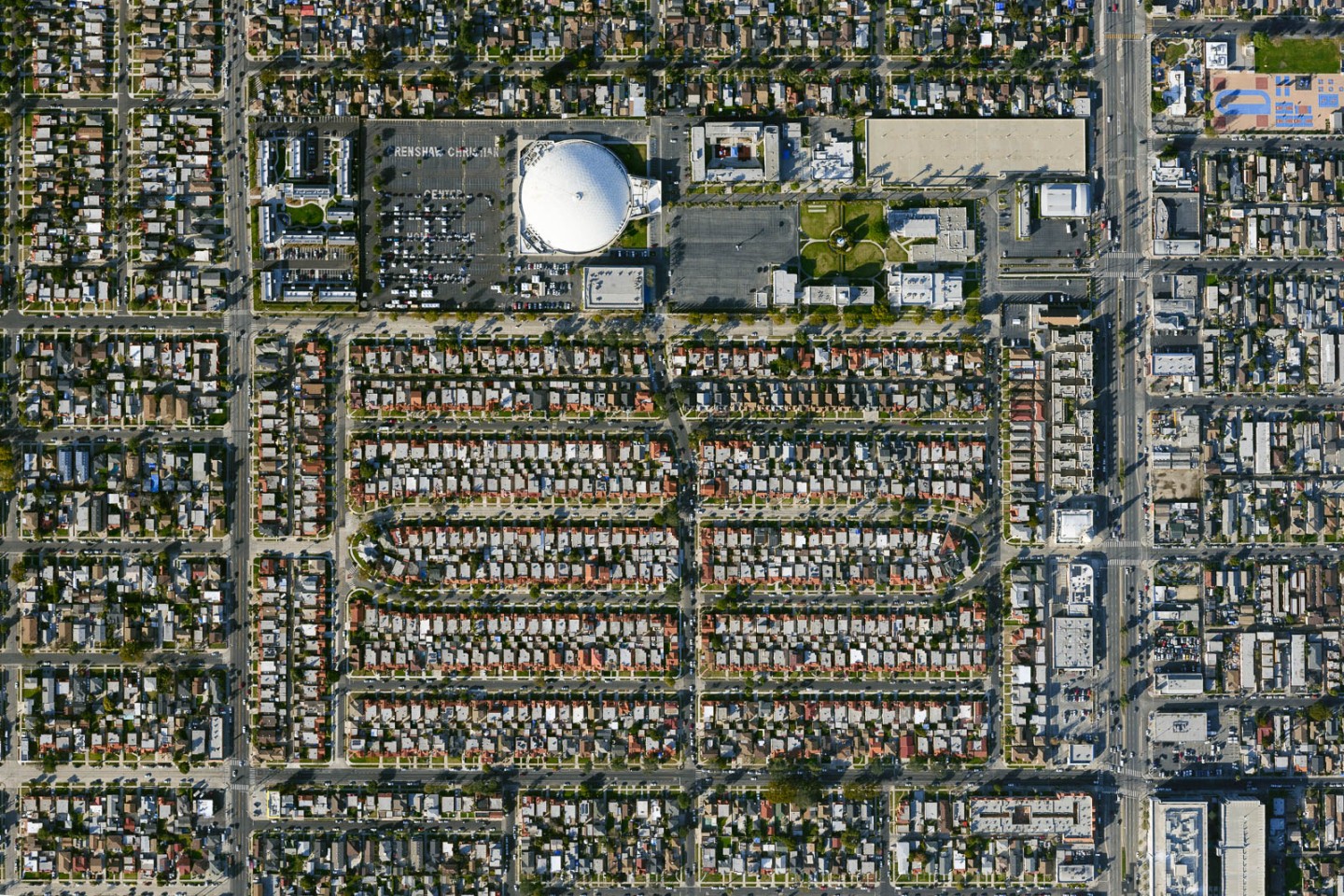 Wider aerial view of Los Angeles Faith Dome with the vaccination clinic