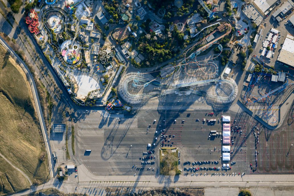 Close-up photograph of Six Flag's parking lot set up as vaccination supersite